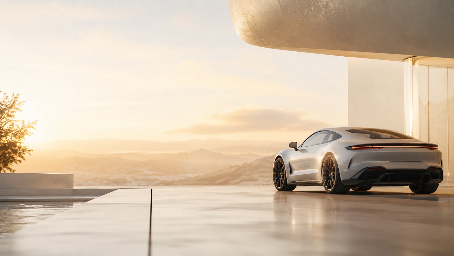 A high-performance car parked at a modern hillside villa overlooking a sunset valley